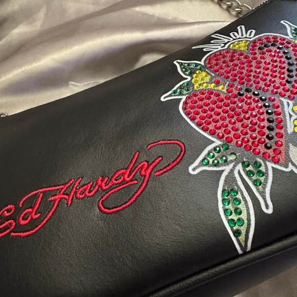 Ed Hardy Black Shoulder Bag with Red and Green Embroidery - Picture 3 of 4